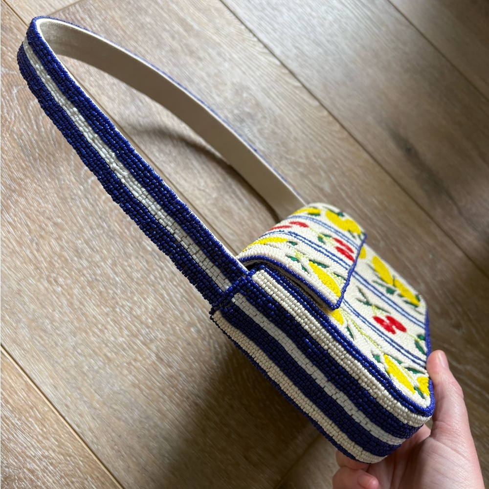 Anthropologie Fiona Beaded Purse Lemon Cherry Blue Trim - Picture 3 of 4